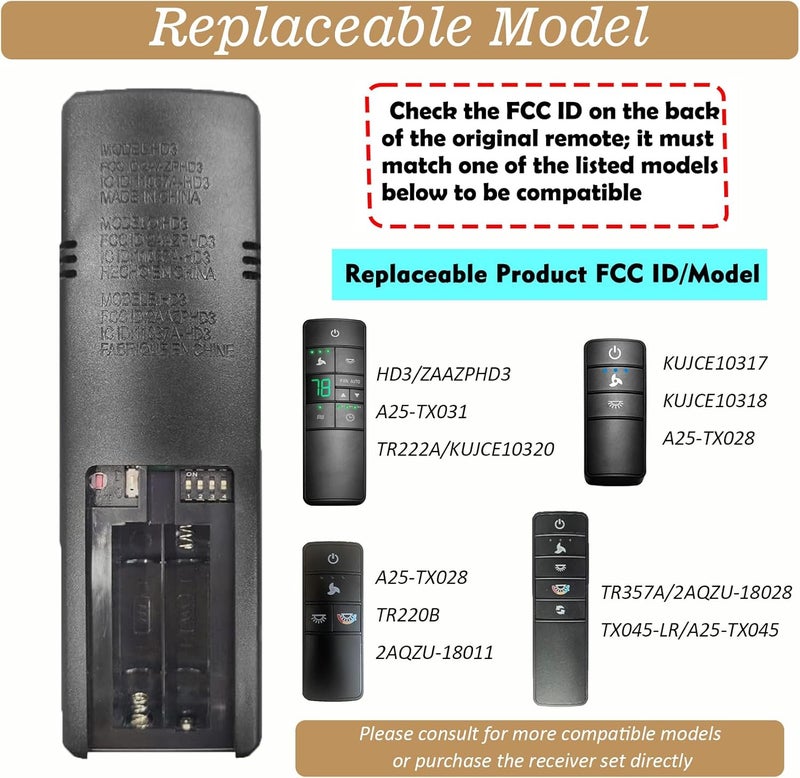 FEKOTS Hampton Bay Ceiling Fan Remote Control Replacement for Hampton Bay Home Decorators Collection ，3-Speed Timer Light Dimmer Thermostatic Control, 2AAZPHD3/HD3, KUJCE10320/TR222A - Image 4